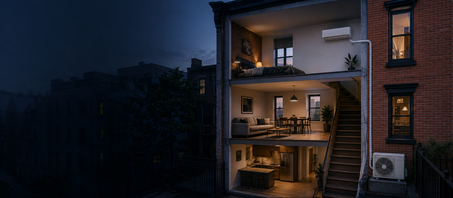 Editorial architectural cutaway showing a complete ductless heat-pump route through a New York brick townhouse