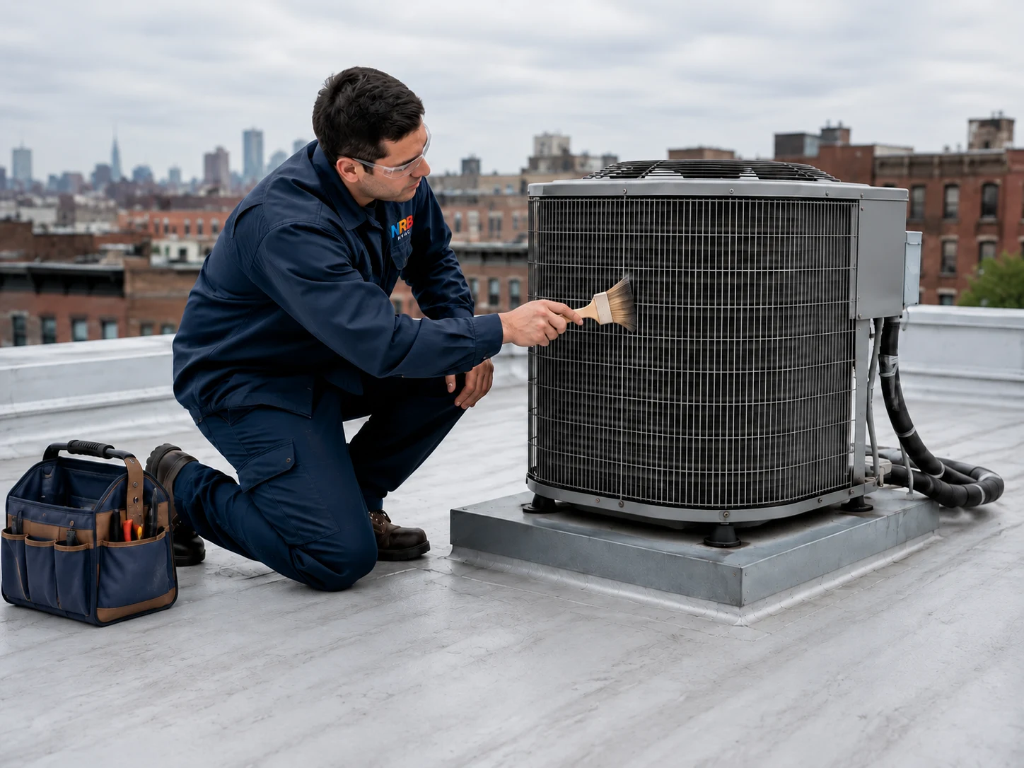 Editorial illustration of a technician brushing accessible condenser coils