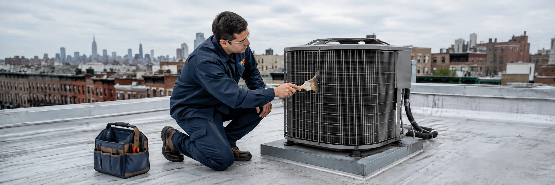 Editorial scene of a technician gently cleaning an outdoor condenser coil on a rooftop