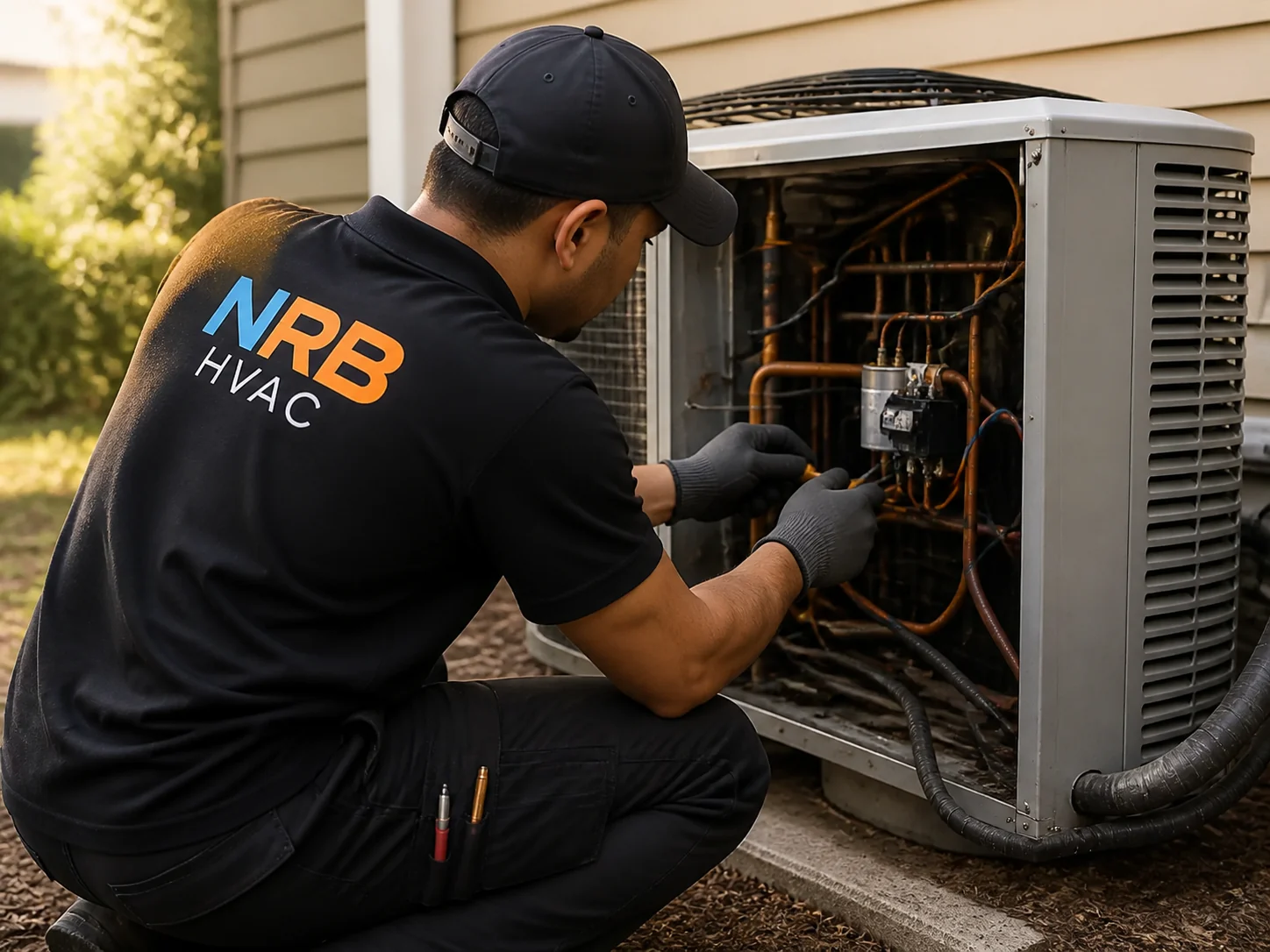 Editorial view of a technician working with open outdoor HVAC equipment