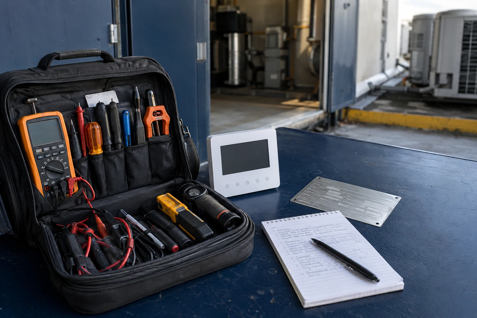 Editorial illustration of service notes, equipment identification and diagnostic tools used to record findings