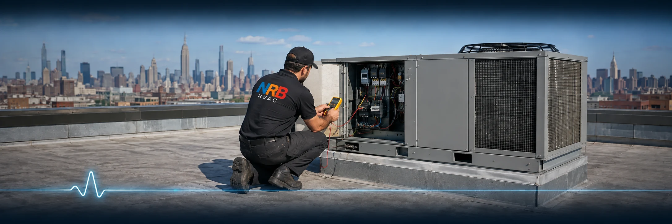 Editorial illustration of a technician evaluating rooftop HVAC equipment with a multimeter